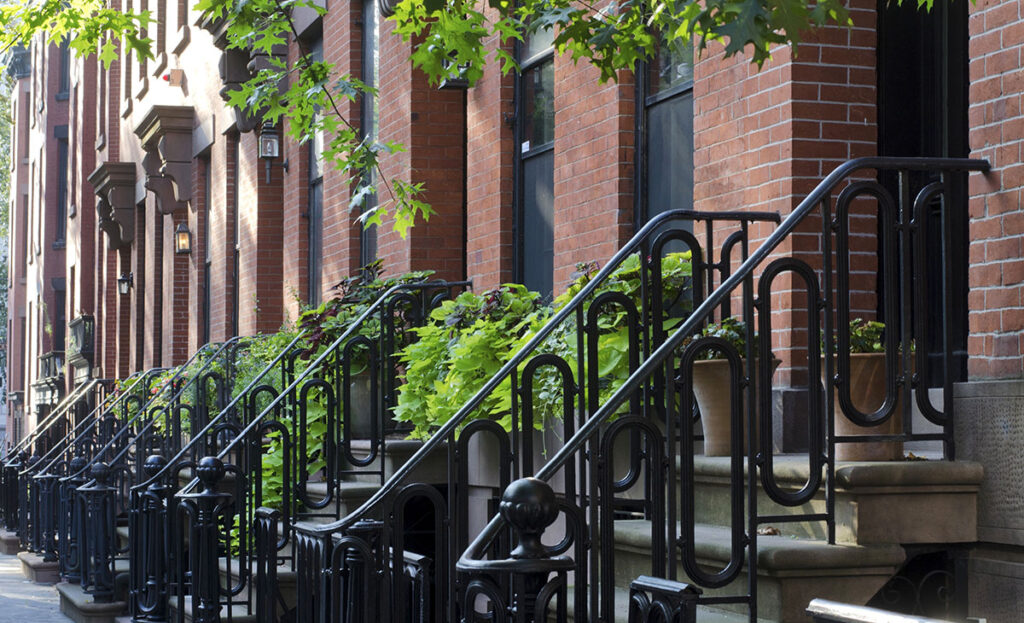Shot from street of brick building faces in Brooklyn