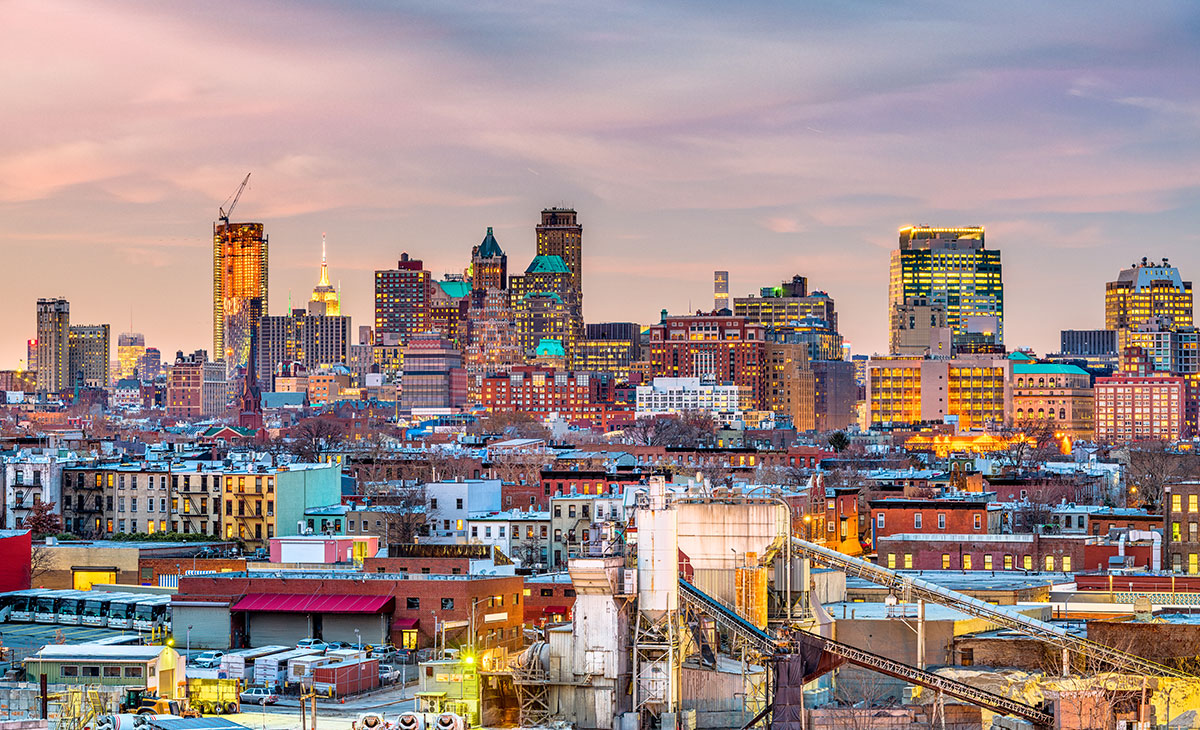 Wide shot of a colorful Brooklyn in the sunset