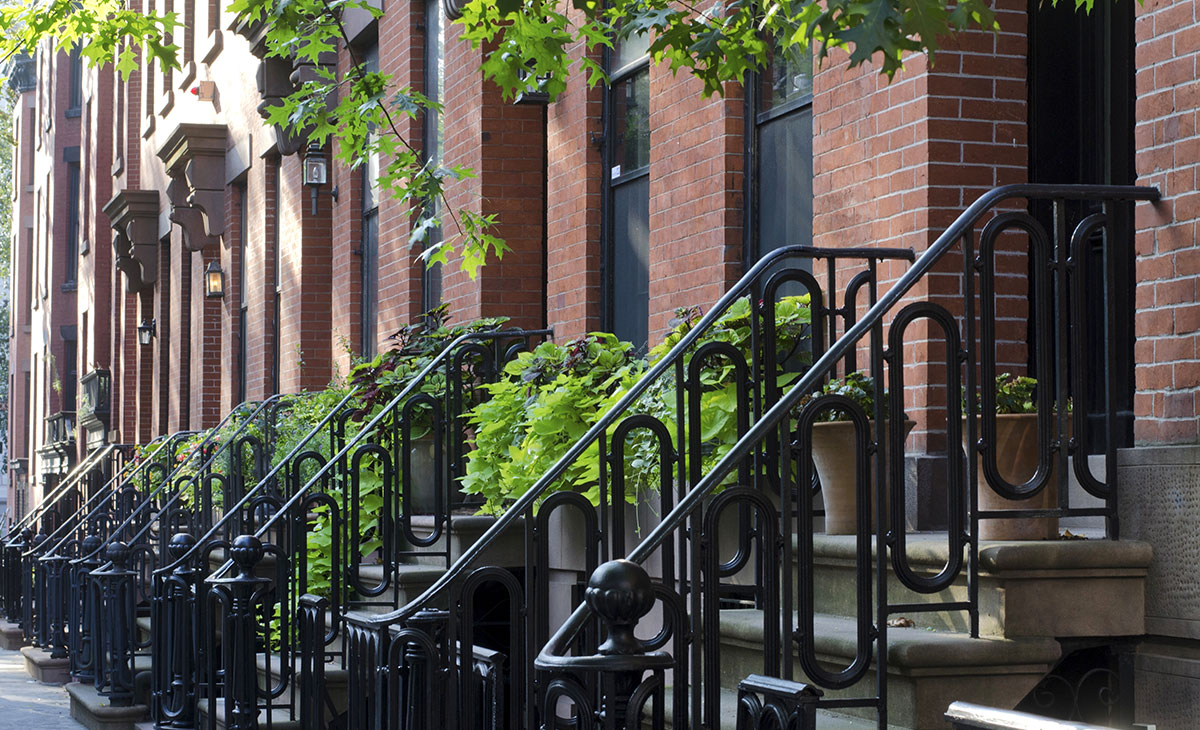 Shot from street of brick building faces in Brooklyn
