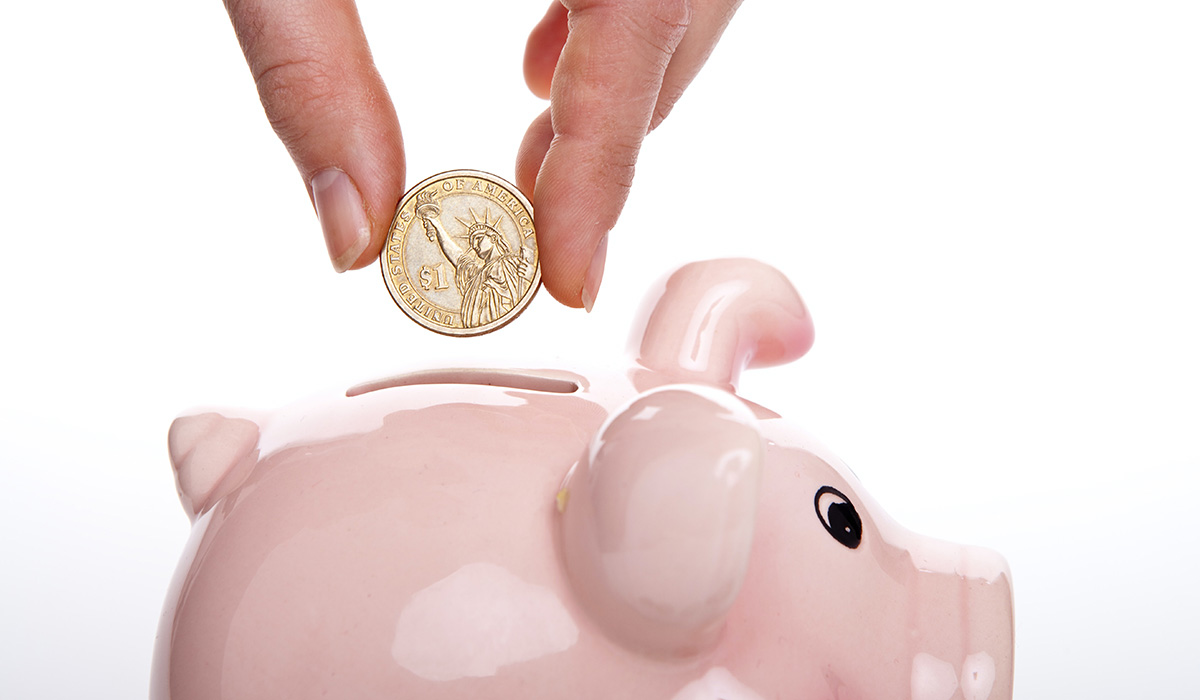 Image of a person dropping a dollar into a piggy bank